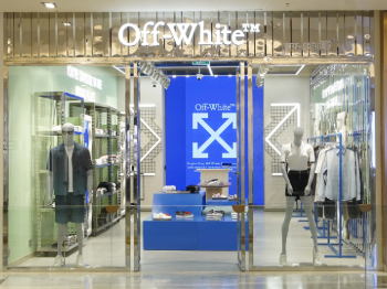 Off-White™ storefront at Quest Mall, Kolkata, with mannequins and a blue entrance display